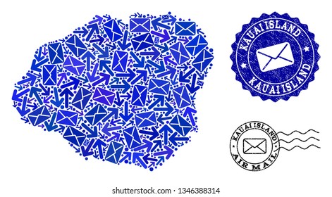 Mail collage of blue mosaic map of Kauai Island and rubber seals. Vector seals with grunge rubber texture with Airmail text and envelope symbols. Flat design for letters movement illustrations.