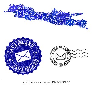 Mail collage of blue mosaic map of Java Island and rubber seals. Vector seals with distress rubber texture with Airmail title and envelope symbols. Flat design for post pathways illustrations.
