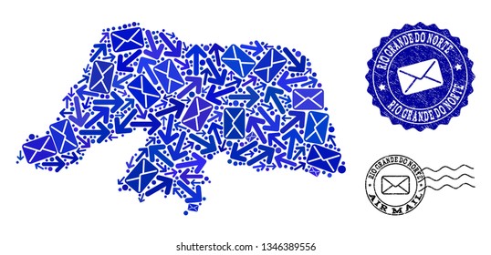 Mail collage of blue mosaic map of Rio Grande do Norte State and scratched stamp seals. Vector watermarks with unclean rubber texture with Airmail text and envelope symbols.