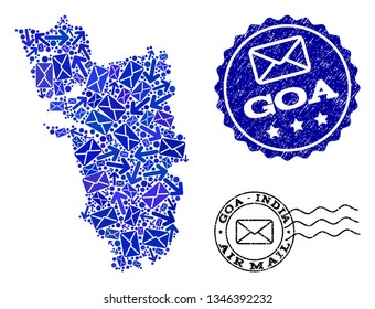 Mail collage of blue mosaic map of Goa State and scratched stamps. Vector watermarks with grunge rubber texture with Airmail slogan and envelope symbols. Flat design for mail pathways purposes.