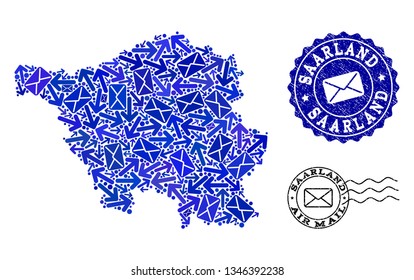 Mail collage of blue mosaic map of Saarland State and rubber stamp seals. Vector seals with corroded rubber texture with Airmail title and envelope symbols. Flat design for messages traffic purposes.