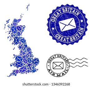 Mail collage of blue mosaic map of Great Britain and scratched stamp seals. Vector seals with scratched rubber texture with Airmail title and envelope symbols.