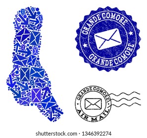 Mail collage of blue mosaic map of Grande Comore Island and scratched stamps. Vector imprints with grunge rubber texture with Airmail slogan and envelope symbols.