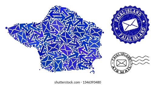 Mail collage of blue mosaic map of Faial Island and corroded stamp seals. Vector seals with corroded rubber texture with Airmail text and envelope symbols. Flat design for letters pathways posters.