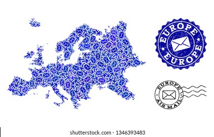 Mail collage of blue mosaic map of Europe and unclean stamp seals. Vector seals with corroded rubber texture with Airmail caption and envelope symbols. Flat design for letters movement posters.
