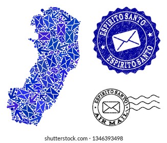 Mail collage of blue mosaic map of Espirito Santo State and scratched seals. Vector seals with scratched rubber texture with Airmail slogan and envelope symbols.