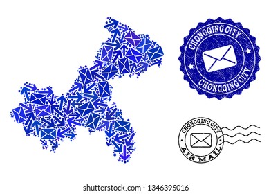 Mail collage of blue mosaic map of Chongqing Municipality and rubber seals. Vector seals with distress rubber texture with Airmail text and envelope symbols.
