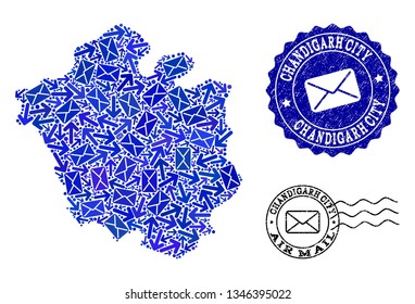 Mail collage of blue mosaic map of Chandigarh City and rubber seals. Vector seals with scratched rubber texture with Airmail title and envelope symbols. Flat design for mail pathways illustrations.