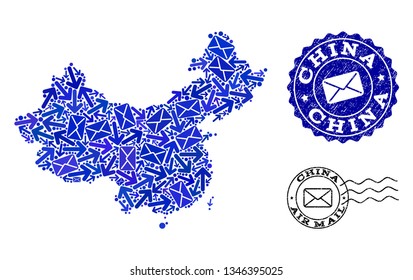 Mail collage of blue mosaic map of China and unclean stamp seals. Vector seals with unclean rubber texture with Airmail slogan and envelope symbols. Flat design for mail motion templates.