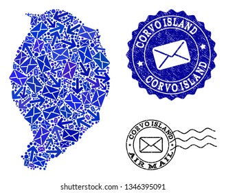 Mail collage of blue mosaic map of Corvo Island and rubber stamp seals. Vector seals with grunge rubber texture with Airmail title and envelope symbols. Flat design for mail routes illustrations.