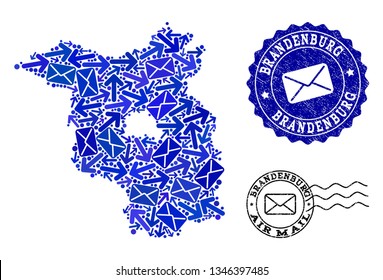 Mail collage of blue mosaic map of Brandenburg State and rubber seals. Vector seals with distress rubber texture with Airmail title and envelope symbols. Flat design for mail pathways illustrations.