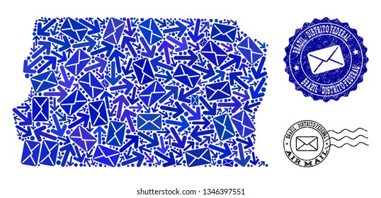 Mail collage of blue mosaic map of Brazil - Distrito Federal and corroded stamp seals. Vector seals with scratched rubber texture with Airmail slogan and envelope symbols.