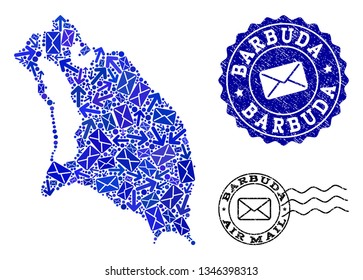 Mail collage of blue mosaic map of Barbuda Island and rubber stamps. Vector watermarks with unclean rubber texture with Airmail caption and envelope symbols. Flat design for letters traffic posters.