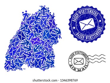 Mail collage of blue mosaic map of Baden-Wurttemberg State and scratched stamp seals. Vector seals with scratched rubber texture with Airmail title and envelope symbols.