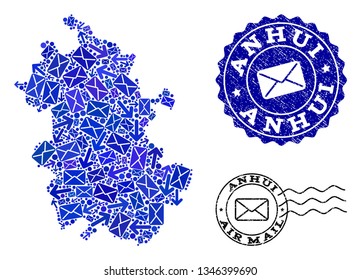Mail collage of blue mosaic map of Anhui Province and rubber seals. Vector seals with unclean rubber texture with Airmail text and envelope symbols. Flat design for messages motion posters.