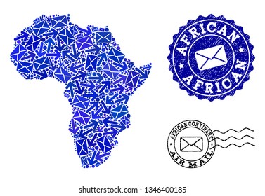 Mail collage of blue mosaic map of Africa and corroded stamp seals. Vector seals with corroded rubber texture with Airmail title and envelope symbols. Flat design for correspondence movement purposes.