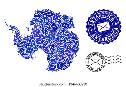Mail collage of blue mosaic map of Antarctica and rubber stamp seals. Vector seals with distress rubber texture with Airmail slogan and envelope symbols.