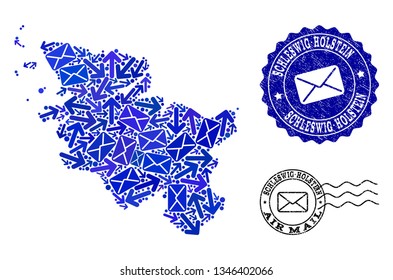 Mail collage of blue mosaic map of Schleswig-Holstein State and dirty stamp seals. Vector seals with grunge rubber texture with Airmail caption and envelope symbols.