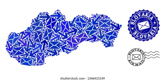 Mail collage of blue mosaic map of Slovakia and rubber stamp seals. Vector seals with grunge rubber texture with Airmail text and envelope symbols. Flat design for letters delivery purposes.