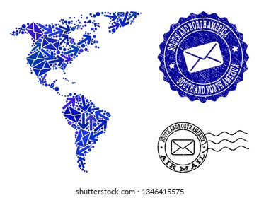 Mail collage of blue mosaic map of South and North America and scratched seals. Vector seals with scratched rubber texture with Airmail caption and envelope symbols.