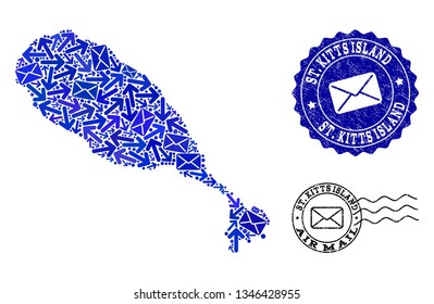 Mail collage of blue mosaic map of St Kitts Island and textured stamp seals. Vector seals with unclean rubber texture with Airmail title and envelope symbols. Flat design for letters traffic purposes.