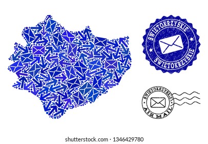 Mail collage of blue mosaic map of Swietokrzyskie Province and scratched seals. Vector seals with scratched rubber texture with Airmail caption and envelope symbols.
