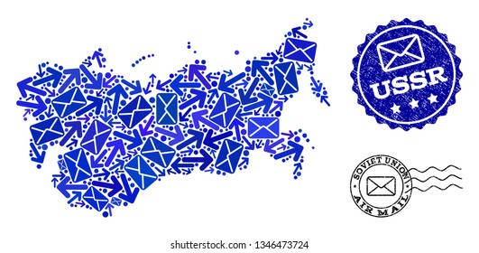 Mail collage of blue mosaic map of USSR and rubber stamp seals. Vector seals with scratched rubber texture with Airmail text and envelope symbols. Flat design for post delivery purposes.