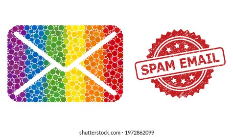 Mail collage icon of filled circle elements in various sizes and LGBT color hues, and Spam Email unclean rosette seal. A dotted LGBT-colored Mail for lesbians, gays, transgenders, and bisexuals.