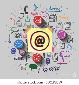 Mail collage with web icons background. Vector illustration