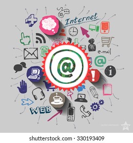 Mail collage with web icons background. Vector illustration