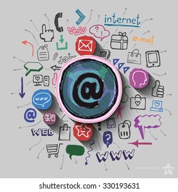 Mail collage with web icons background. Vector illustration