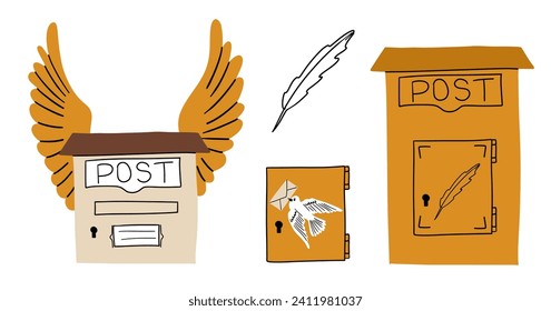 Mail collection. Vintage cartoon mailbox. Hand drawing postbox for delivery letters or packages. Retro post box with bird wings. Cartoon drawn vector illustration 