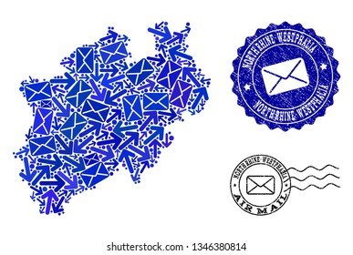 Mail combination of blue mosaic map of North Rhine-Westphalia State and scratched stamps. Vector imprints with scratched rubber texture with Airmail text and envelope symbols.