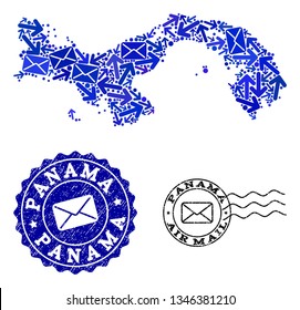 Mail combination of blue mosaic map of Panama and scratched stamps. Vector watermarks with scratched rubber texture with Airmail caption and envelope symbols.