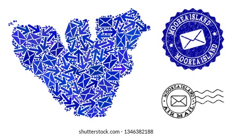 Mail combination of blue mosaic map of Moorea Island and scratched stamp seals. Vector imprints with distress rubber texture with Airmail caption and envelope symbols.