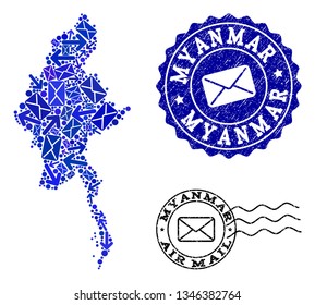 Mail combination of blue mosaic map of Myanmar and rubber seals. Vector imprints with scratched rubber texture with Airmail text and envelope symbols. Flat design for letters traffic templates.