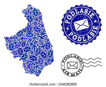Mail combination of blue mosaic map of Podlasie Province and rubber stamps. Vector imprints with unclean rubber texture with Airmail text and envelope symbols.