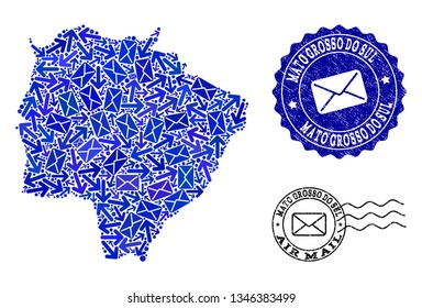 Mail combination of blue mosaic map of Mato Grosso do Sul State and unclean seals. Vector seals with unclean rubber texture with Airmail title and envelope symbols.