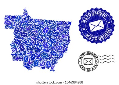 Mail combination of blue mosaic map of Mato Grosso State and rubber seals. Vector seals with distress rubber texture with Airmail caption and envelope symbols. Flat design for messages ways posters.