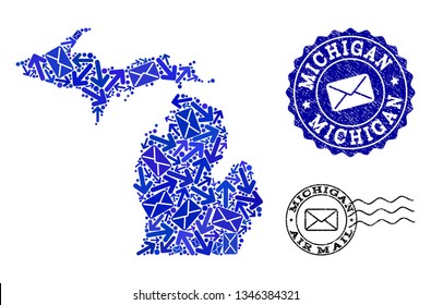 Mail combination of blue mosaic map of Michigan State and rubber seals. Vector watermarks with corroded rubber texture with Airmail slogan and envelope symbols.