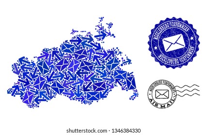 Mail combination of blue mosaic map of Mecklenburg-Vorpommern State and rubber seals. Vector seals with scratched rubber texture with Airmail caption and envelope symbols.