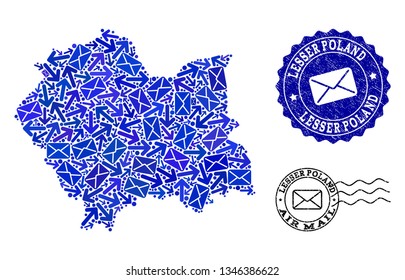 Mail combination of blue mosaic map of Lesser Poland Province and dirty stamp seals. Vector seals with corroded rubber texture with Airmail caption and envelope symbols.