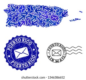 Mail combination of blue mosaic map of Puerto Rico and scratched seals. Vector seals with grunge rubber texture with Airmail text and envelope symbols. Flat design for mail delivery illustrations.