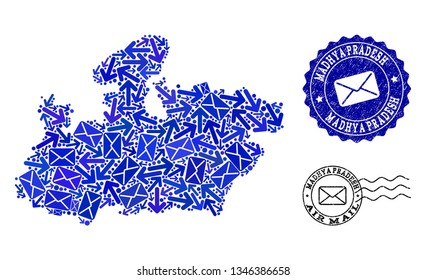 Mail combination of blue mosaic map of Madhya Pradesh State and rubber stamp seals. Vector watermarks with grunge rubber texture with Airmail slogan and envelope symbols.