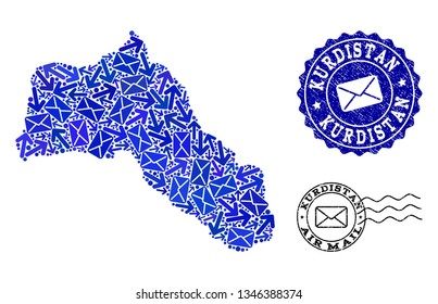 Mail combination of blue mosaic map of Kurdistan and grunge seals. Vector seals with distress rubber texture with Airmail title and envelope symbols. Flat design for mail routes purposes.