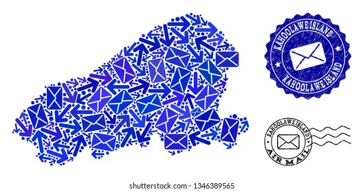 Mail combination of blue mosaic map of Kahoolawe Island and dirty seals. Vector seals with corroded rubber texture with Airmail slogan and envelope symbols.