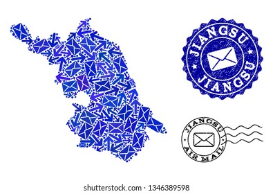 Mail combination of blue mosaic Map of Jiangsu Province and rubber stamp seals. Vector seals with grunge rubber texture with Airmail title and envelope symbols.