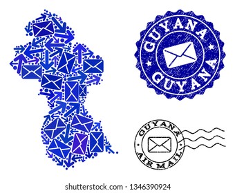 Mail combination of blue mosaic map of Guyana and rubber stamp seals. Vector seals with grunge rubber texture with Airmail caption and envelope symbols. Flat design for messages ways purposes.
