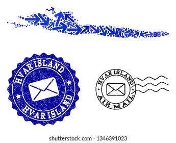 Mail combination of blue mosaic map of Hvar Island and corroded seals. Vector seals with distress rubber texture with Airmail caption and envelope symbols.