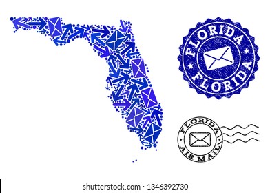 Mail combination of blue mosaic map of Florida State and rubber stamp seals. Vector watermarks with distress rubber texture with Airmail text and envelope symbols.